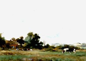 Adrianus Johannes Groenewegen - Cows in a meadow behind the dunes