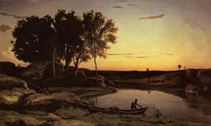 Jean Baptiste Camille Corot - Evening Landscape (also known as The Ferryman, Evening)