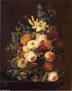 Severin Roesen - Floral Still Life with Nest of Eggs