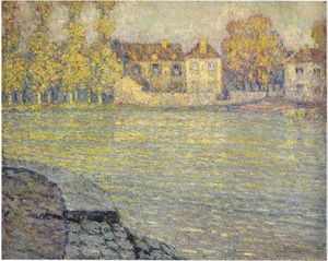Henri Eugène Augustin Le Sidaner - Houses by the river at sunset