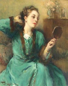 Fernand Toussaint - Lady in the Green Dress with Mirror
