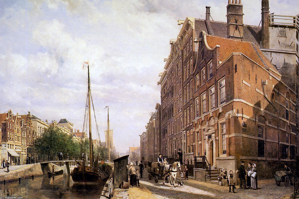  Oil Painting Replica Voorburgwal in Amsterdam by Cornelis Springer (1817-1891) | ArtsDot.com