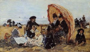Eugène Louis Boudin - Trouville, on the Beach Sheltered by a Parasol