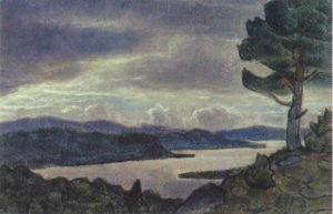 Nicholas Roerich - Landscape with lake and tree on the shore