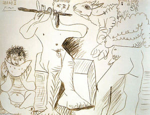 Pablo Picasso - Man with lamb, man eating watermelon and flutist