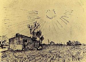 Vincent Van Gogh - Field with Houses under a Sky with Sun Disk