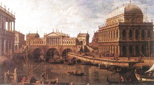 Giovanni Antonio Canal (Canaletto) - Capriccio: a Palladian Design for the Rialto Bridge, with Buildings at Vicenza