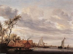 Salomon Van Ruysdael - River Scene with Farmstead