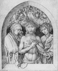 Martin Schongauer - The Man of Sorrows with the Virgin Mary and St John the Evangelist