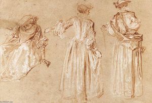 Jean Antoine Watteau - Three Studies of a Lady with a Hat