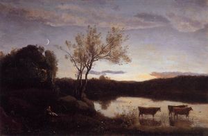 Jean Baptiste Camille Corot - Pond with Three Cows and a Crescent Moon
