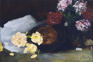 Carl Eduard Schuch - Still life with tea roses, peonies and opera hat