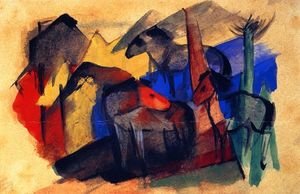 Franz Marc - Three Horses in Landscape with Houses