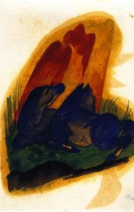 Franz Marc - Two Blue Horses in front of a Red Rock