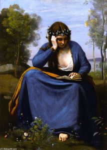 Jean Baptiste Camille Corot - Woman Crowned with Flowers Reading (also known as The Muse of Virgil)