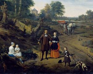 Adriaen Van De Velde - Portrait of a couple with two children and a nursemaid in a landscape (detail)