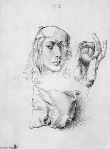 Albrecht Durer - Study sheet with self-portrait, hand, and cushions