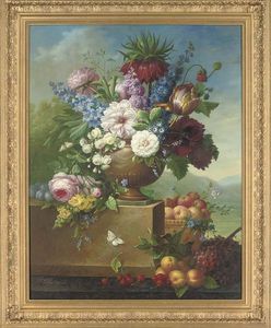 Thomas George Webster - Tulips, Peonies, Roses And Other Flowers In An Urn, An Extensive Landscape Beyond