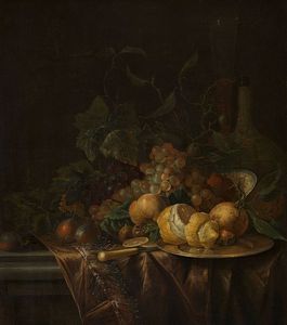Jacob Van Walscapelle - Still Life With Fruit, Flute And Wicker-bottle