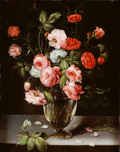 Ambrosius Brueghel - Roses And Carnations In A Glass Vase On A Stone Ledge