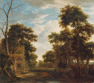 Anthonie Waterloo - A Wooded Landscape With A Dog Barking At A Swineherd