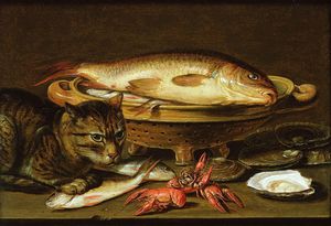 Clara Peeters - A Still Life With Carp In A Ceramic Colander, Oysters, Crayfish, Roach And A Cat On The Ledge Beneath