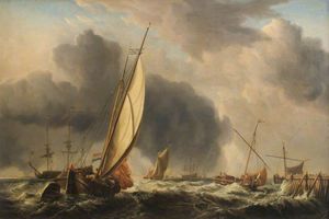 Dominic Serres - Fishing Boats And Man O- War In A Breeze At The Mouth Of A River