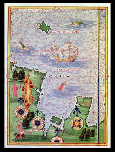  Oil Painting Replica Map Of Australia And Magellan Island From `cosmographie Universelle` by Guillaume Le Testu (1512-1573, France) | ArtsDot.com