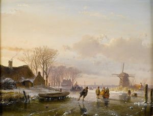 Andreas Schelfhout - Skaters And Figures On A Frozen River, Haarlem In The Distance