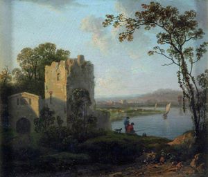 James Arthur O Connor - Ower On The Bank Of A River With Two Men Fishing