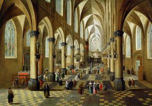 Pieter Neefs The Elder - Figures Gathered In A Church Interior