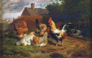 Cornelis Van Leemputten - A Rooster And Hens In A Barnyard