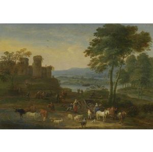 Mathys Schoevaerdts - A River Landscape With Herders And Their Animals On A Path With Other Figures