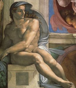 Michelangelo Buonarroti - Sistine Chapel Ceiling Ignudi next to Separation of Land and the Persian Sybil