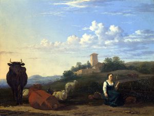 Karel Dujardin - A Woman with Cattle and Sheep in an Italian Landscape