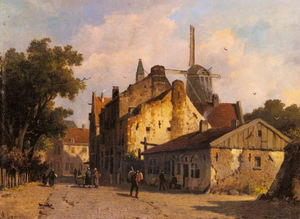 Adrianus Eversen - Village scene with a windmill