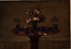 Jean Louis Prevost - Still life with a vase of flowers and a tea service