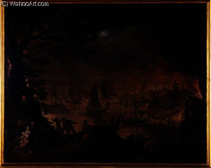 Oil Painting Replica Burning town by the sea by Joos De Momper The Younger (1564-1635) | ArtsDot.com