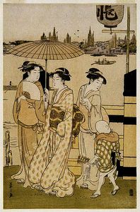 Chōbunsai Eishi - Three Women and a Boy Along the Sumida River