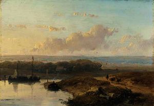 Andreas Schelfhout - Shipping on a calm river in a panoramic summer landscape