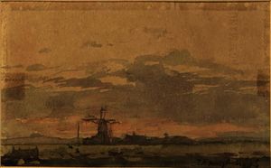Jan Weissenbruch - A landscape with a windmill, towards twilight