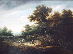 Abraham Van Der Hoef - Landscape with scene of an armed holdup