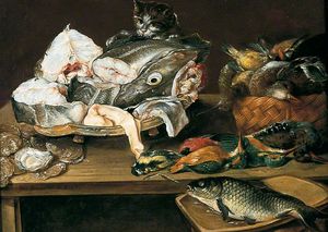 Alexander Adriaenssen - Still Life with Fish and a Cat