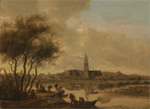 Anthony Jansz Van Der Croos - A panoramic view of rhenen seen from the south bank of the nederijn, with the church of st cunera