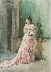 Francisco Pradilla Ortiz - Portrait of a lady, full-length, in an evening dress, holding a fan