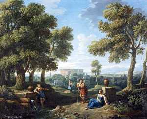 Jan Frans Van Bloemen - A Classical Landscape, with Figures Conversing by a Fountain