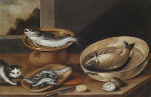 Pieter Van Boucle - Fish Still Life with Cat