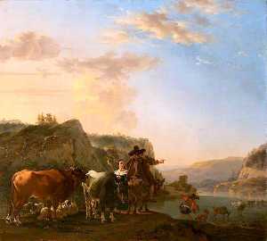Jan Asselijn - A Landscape with Peasants (also known as Landscape with Herdsmen Fording a River)