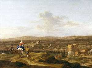 Nicolaes Berchem - Italian Landscape with Figures and Animals A Village on a Mountain Plateau