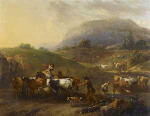 Nicolaes Berchem - A Mountainous Landscape with Herdsmen Driving Cattle Down a Road